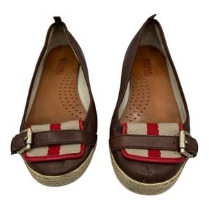 Michael Kors Brown Leather Espadrille Flats Red Stripe Buckle Accent Size 6.5M
